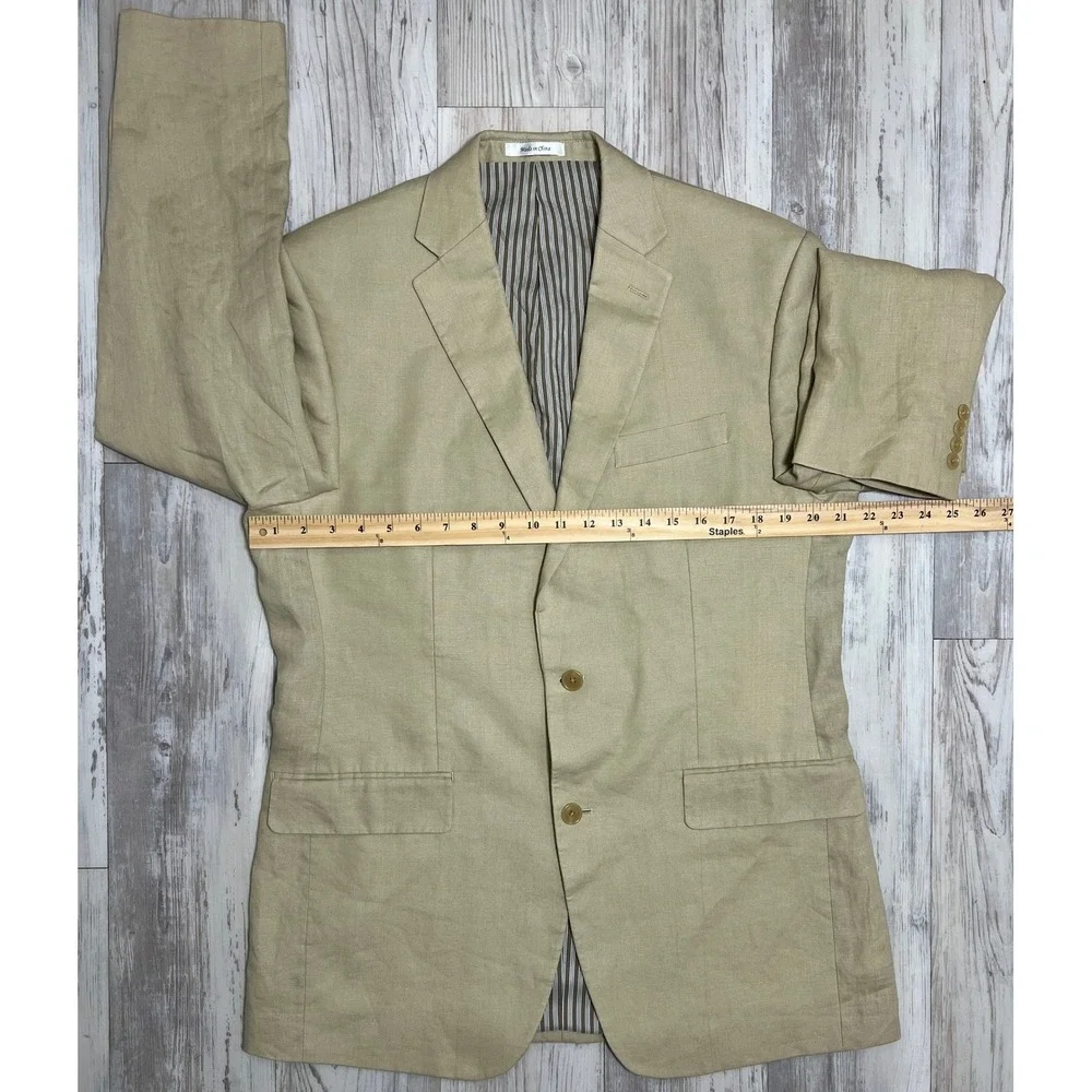 Calvin Klein Mens Linen‎ Beige Blazer Jacket 40L Two Button Striped Lined